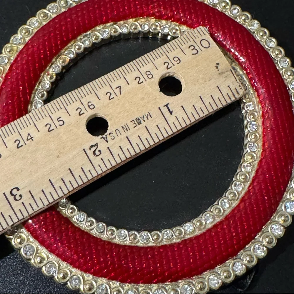 Round Red Enamel Picture Frame MMA Gold Rhinestone Christmas Valentine 4”